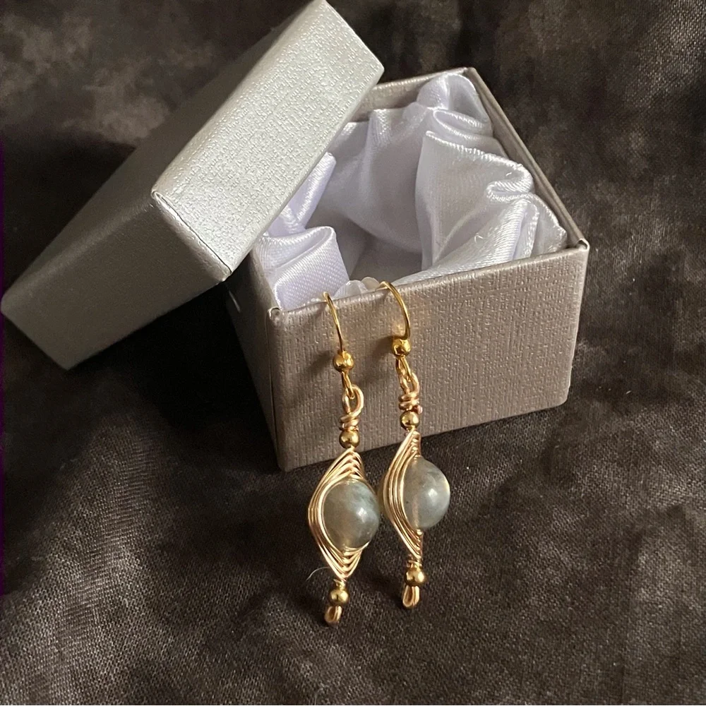 CLEAROUT π₯ Natural Labradorite Wire Wrapped Earrings - Gold Stainless Steel - Picture 8 of 9